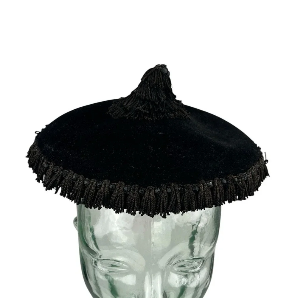 Black Velvet Cocktail Hat Headband Tassel Fringe Flechet France Vintage Evening